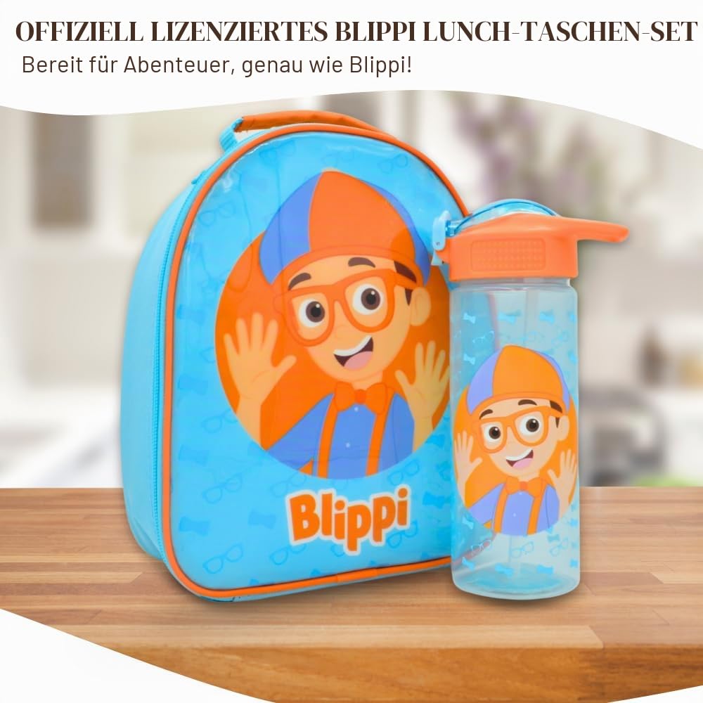 HOX 94833 Blippi Set Kinder Lunchtasche und Wasserflasche mit aufklappbarem Trinkhalm, Polyester