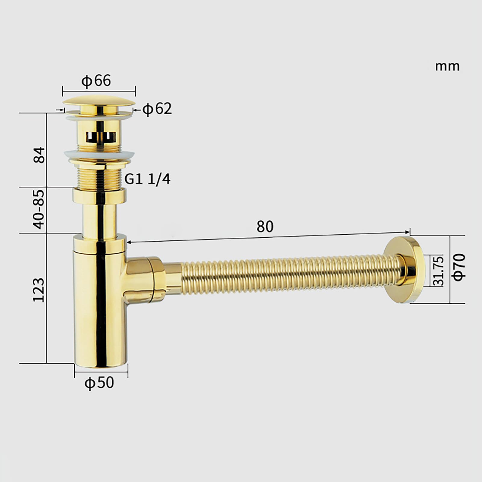 Siphon Waschbecken Mit Überlauf,Chrom Pop Up Ablaufventil,Gebürstetes Gold,Bächlein Siphon Für Die Küchenspüle