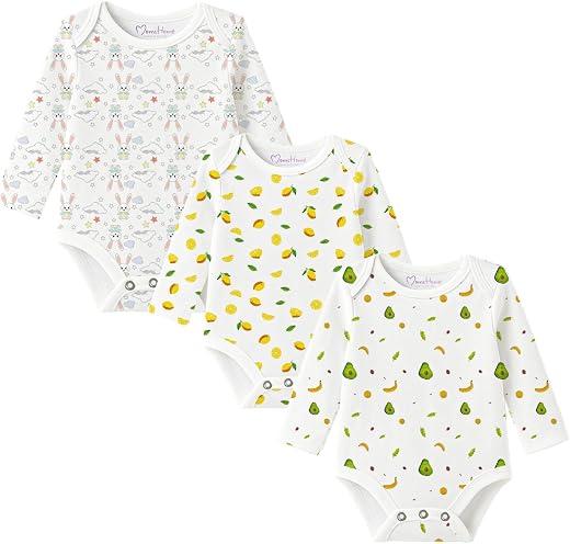 MOM'S HOME Baby's Organic Cotton Soft Full Sleeve Onesie/Bodysuit | Multicolour | Pack of 3