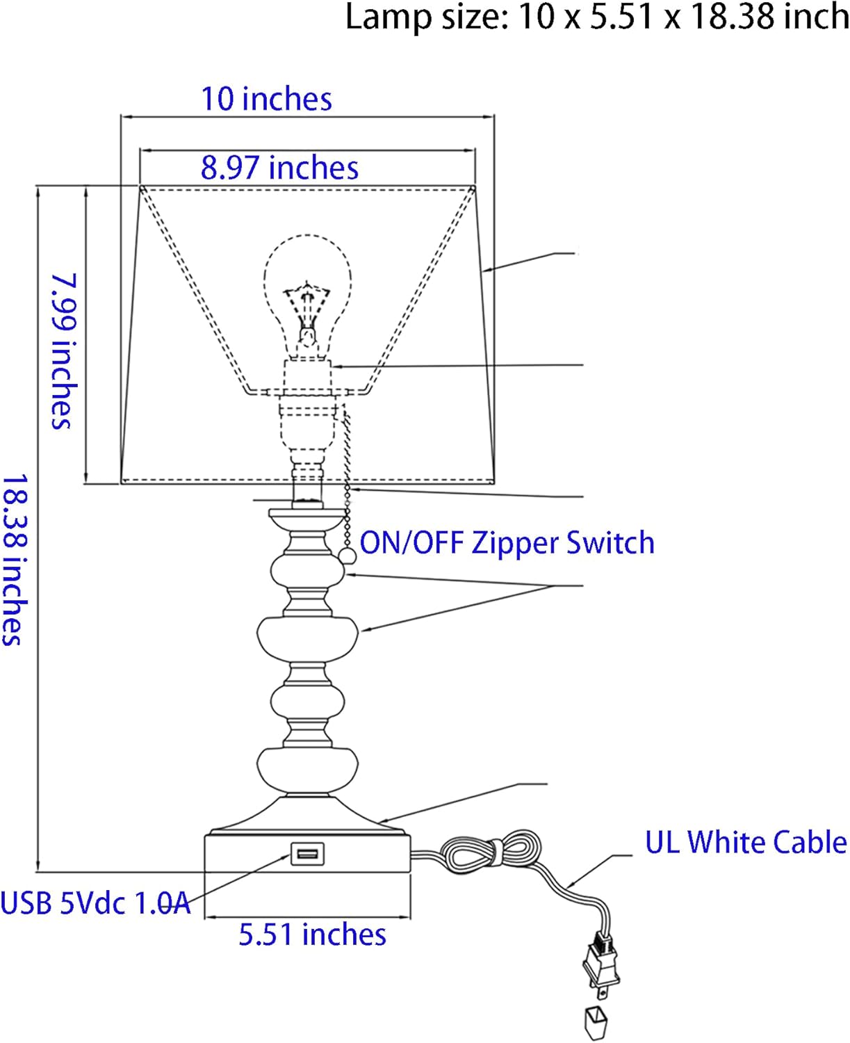 Farmhouse Lamps for Bedrooms Retro Side Pull Chain Table Lamps with USB, Linen Fabric Shade, Bedside Lamps for Side Nightstand Living Room Included LED Bulb