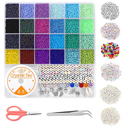 Small Glass Seed Beads, 12/0 2mm Glass Bead for Bracelet Jewelry Making Kit, Bead Kits with Letter Beads Pandents for Bracelet Necklace Waist Ring Making