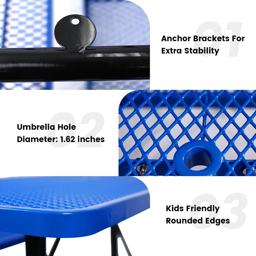 72" Thermoplastic Picnic Table with Umbrella Hole up to 1.5", Heavy Duty Commercial Picnic Table for Outdoor, Family & Party Ready for School Camping, Rectangular, Blue