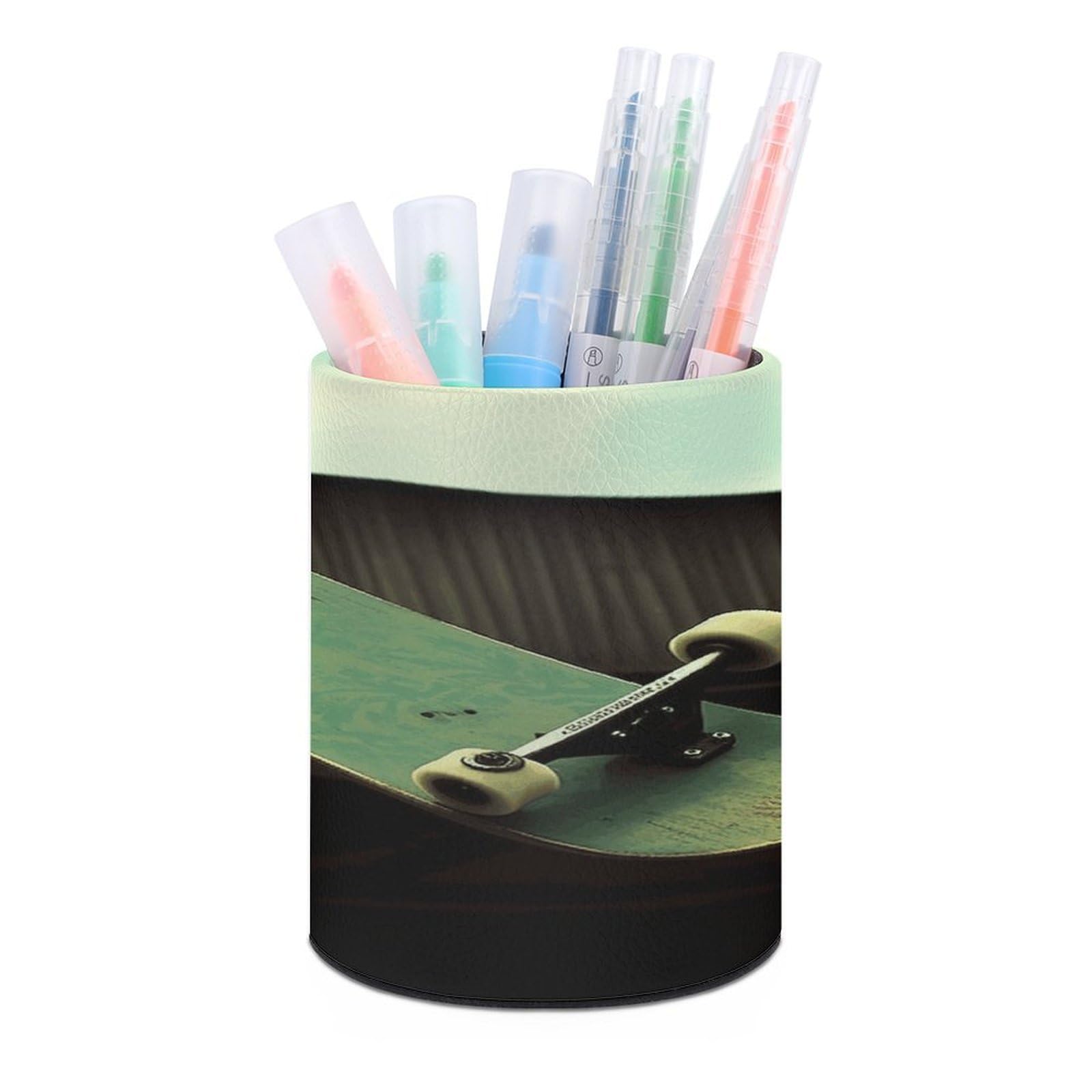 JTREHY - Round Pen Holder Pencil Holder Makeup Brush Holder PU Leather Cup Stationery Organizer Office Accessories Container Box