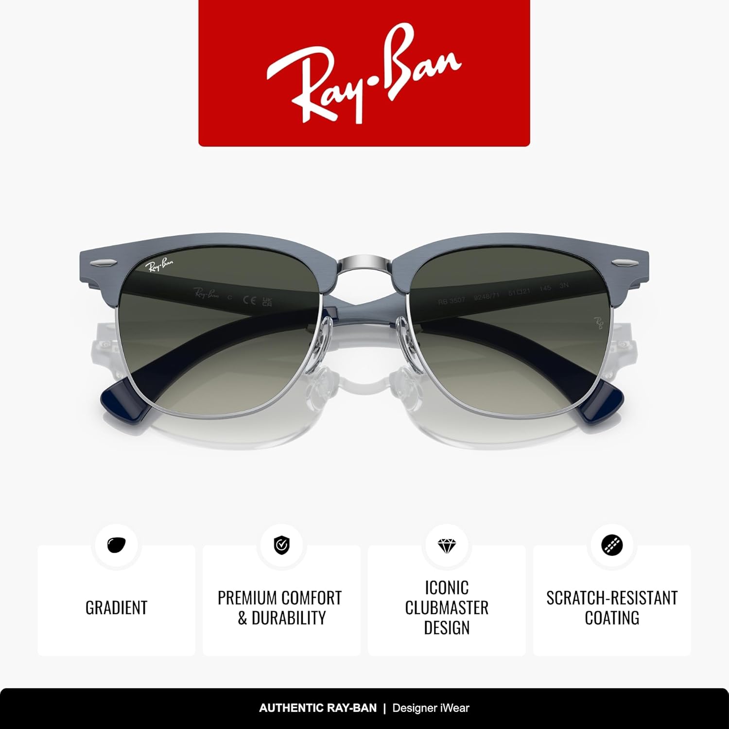 Ray-Ban RB3507 Clubmaster Aluminum Square Sunglasses for Men for Women