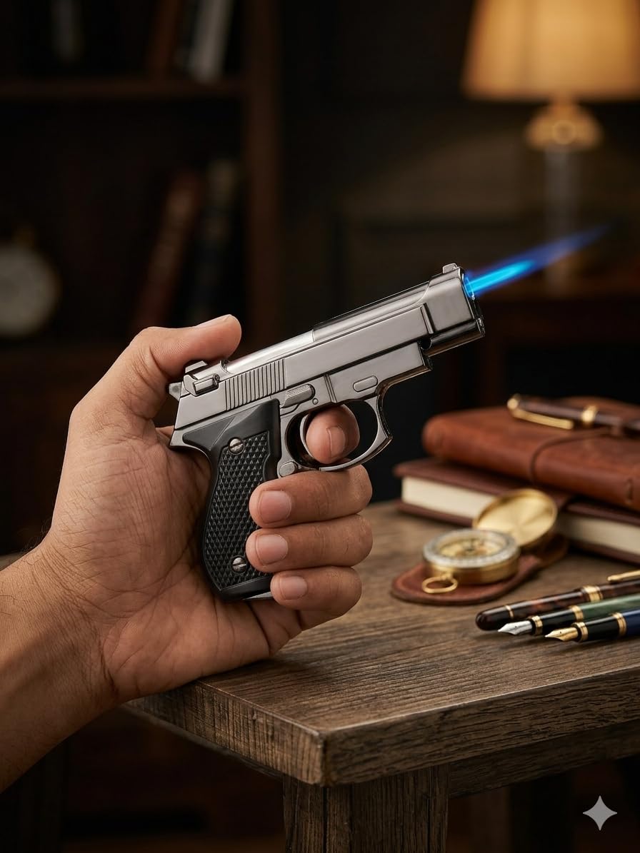 Hand-Sized Replica Pistol Lighter, Metallic Body, Refillable Butane Flame, Cool Conversation Starter for Collectors (MULTI1)-image-0