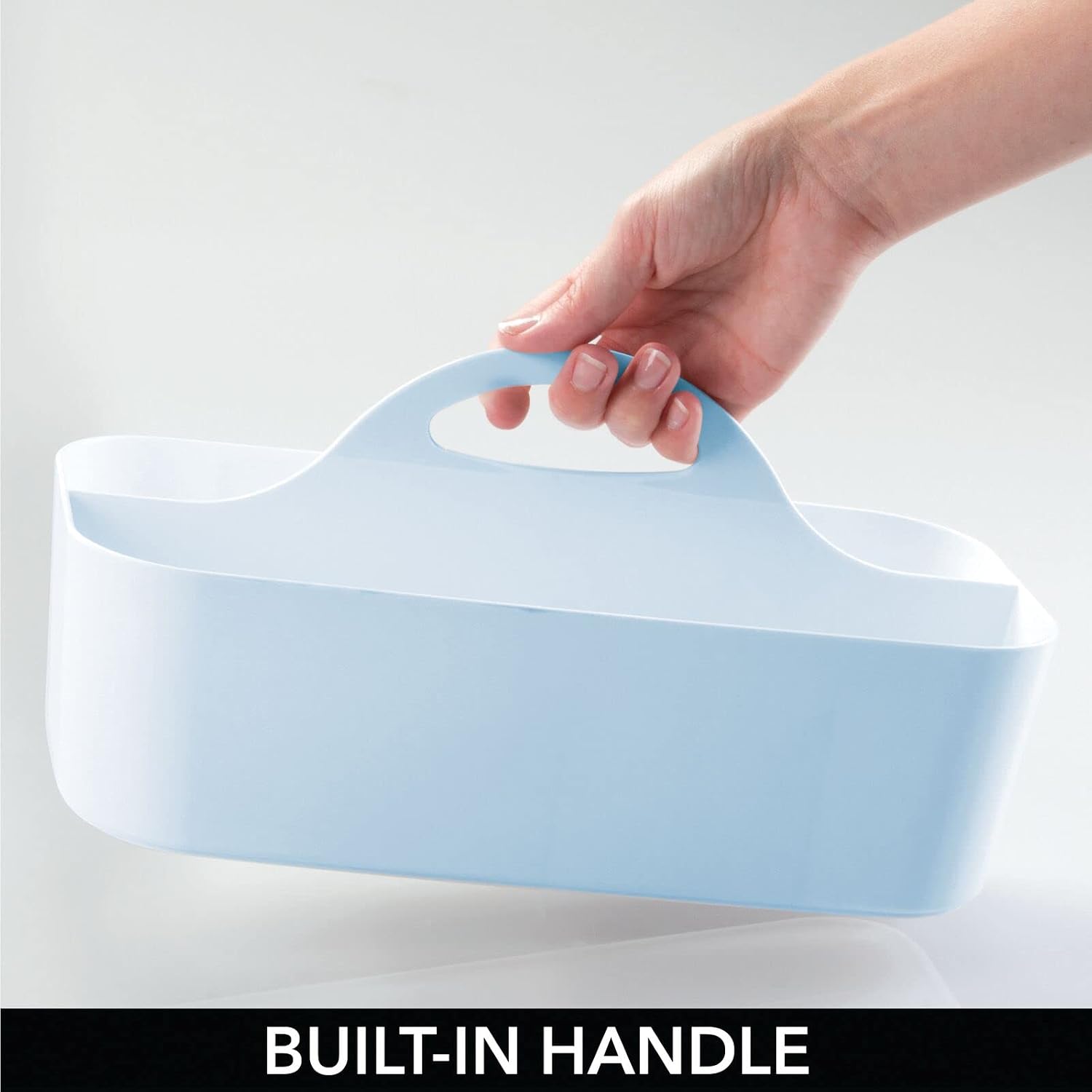 mDesign Plastic Bathroom Storage Organizer Caddy Tote - Divided Basket Bin with Handle for Shower, Dorm Room - Holds Soap, Body Wash, Shampoo, Conditioner, Lotion - Lumiere Collection, Light Blue