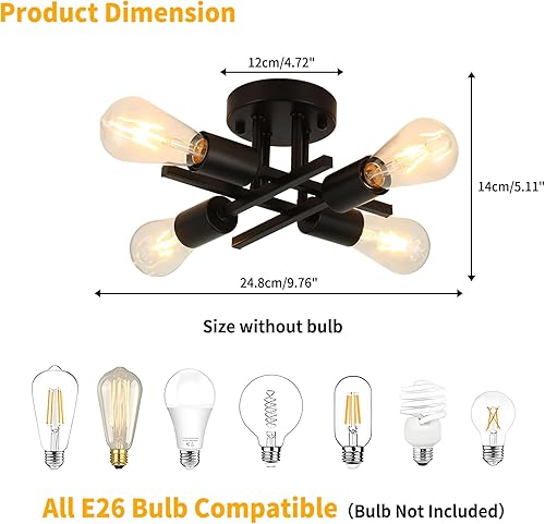 Miniatura 2 de WILON Lámpara de techo semiempotrada, lámpara de techo industrial negra de 4 luces, lámpara de araña Sputnik moderna para cocina, dormitorio, sala