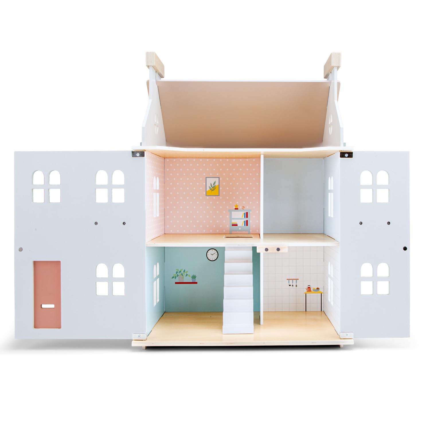 Woet® Casa delle Bambole Pieghevole Giocattolo in Legno per Bambini - Con 18 Mobili e 2 Bambole - Casa Portatile di Imitazione - A Partire da 3 Anni