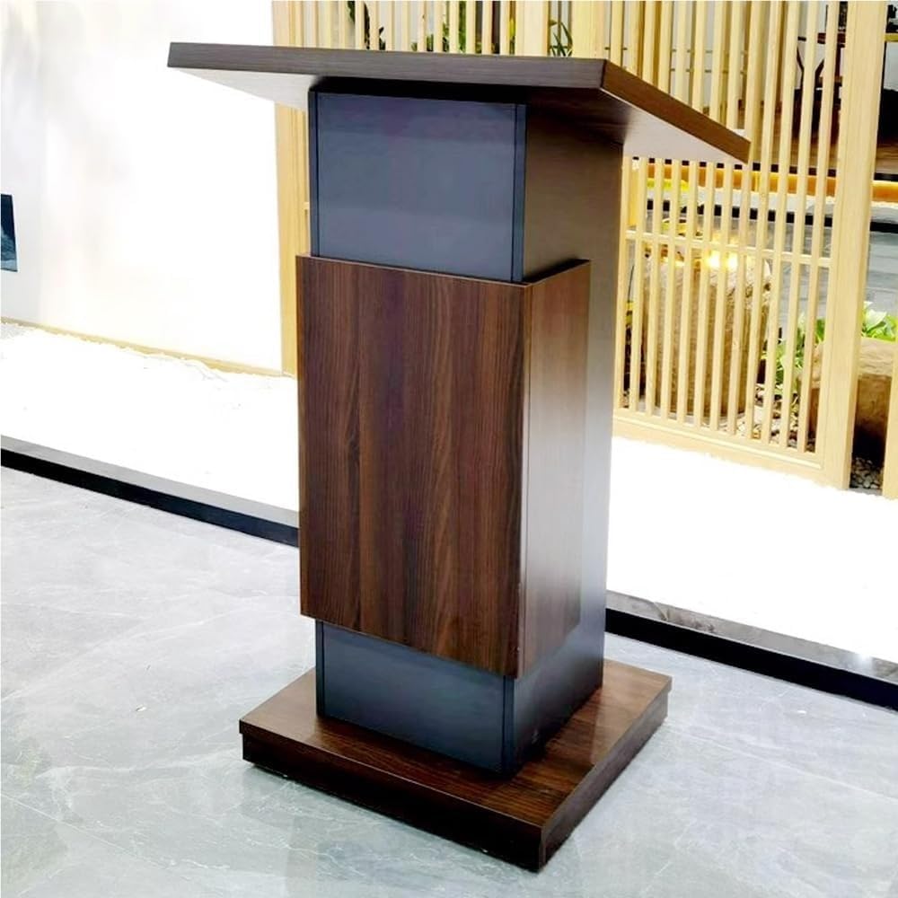 Portable Floor Standing Desk Lectern with Rolling Wheels Modern Presentation Podium Stand Versatile Mobile Pulpit with Storage and Wire Holes for Office School Church