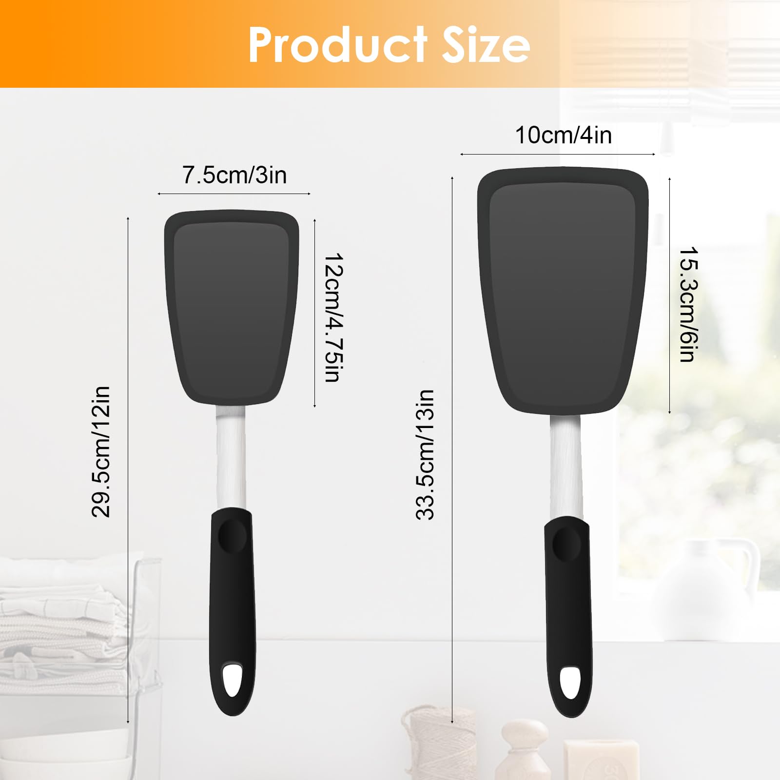 Spatola in Silicone per Cucina 2 Pezzi, Set di Palette da Cucina Flessibili con Anima in Acciaio per Padelle Antiaderenti, Resistente al Calore 230°C per Frittate, Bistecche, Pancake (Nero)