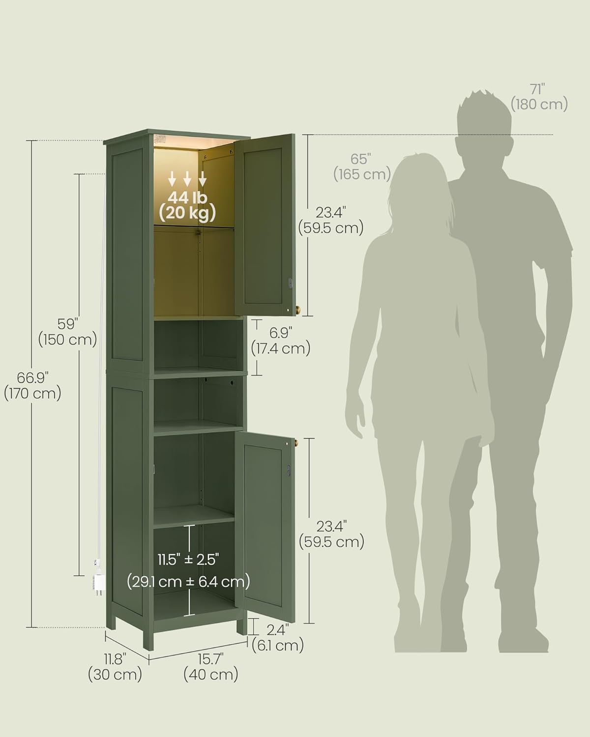 Detailed dimensions and weight limits of the cabinet
