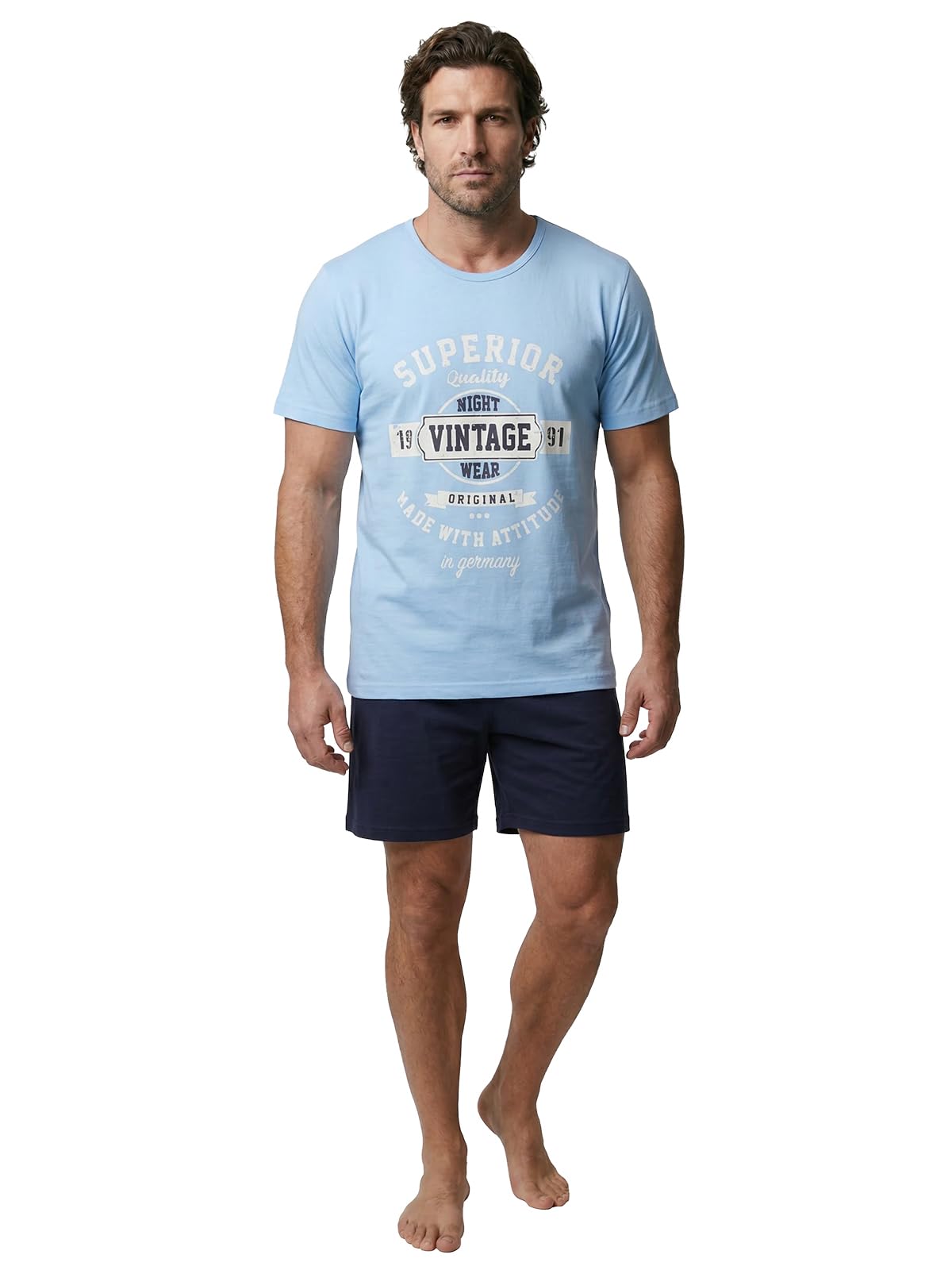 Henry Terre Herren Pyjama Shorty Vintage Blaue Shorts 2 teiliges Set M-5XL Baumwolle