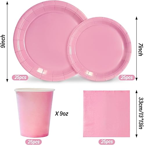 Miniatura 2 de Whaline Juego de vajilla desechable de 100 piezas, color rosa claro, 50 platos de papel, 25 servilletas, 25 vasos para 25 invitados, boda,