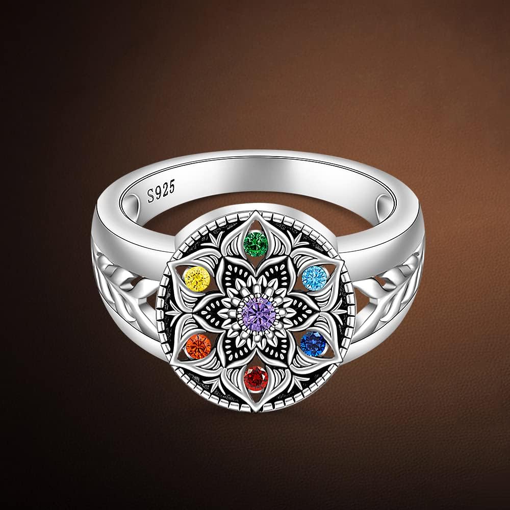 Mandala Chakra Ring Yoga Lotus Flower Rings for Women Sterling Silver Healing Crystal 7 Chakra Balance Jewelry Gifts - Image 5