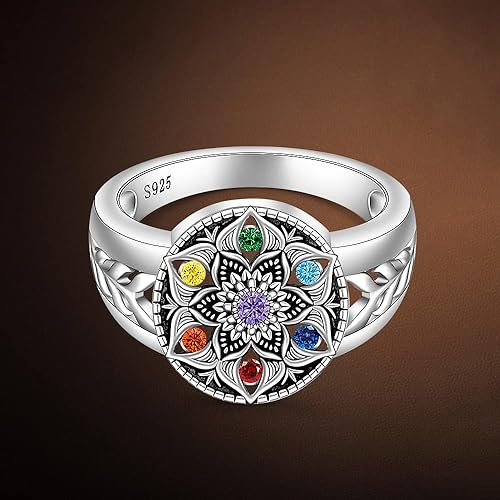 Miniatura 5 de Anillo de mandala chakra, anillos de yoga y flor de loto para mujer, plata de ley, cristal curativo de 7 chakras, joyería de regalo