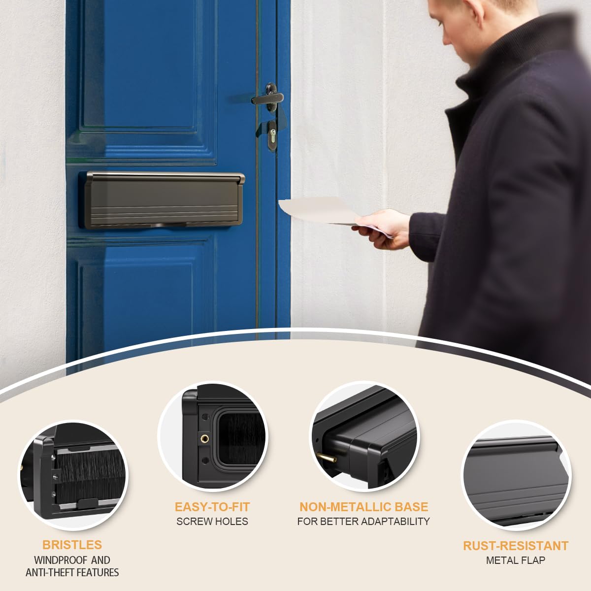 Bwintech 1 Set 305 * 70MM (12") Black Aluminium Adjustable Depth Door Letterbox,Fit for 40-80mm Thickness Wooden,UPVC,Composite,Internal and External Doors - Image 3