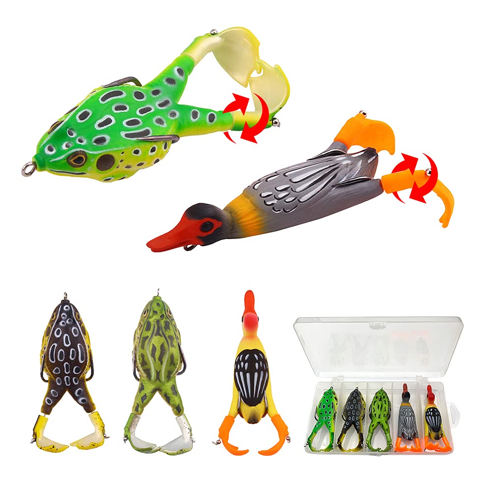 GZBomei 5PCS Double Propellers Topwater Soft Frog Bait and Duck Bait, 9CM/9.5CM Floating Bionic Thunder Frog and Duck ,Soft Silicone Fishing Lures for Bass Pike Snakehead Dogfish Musky