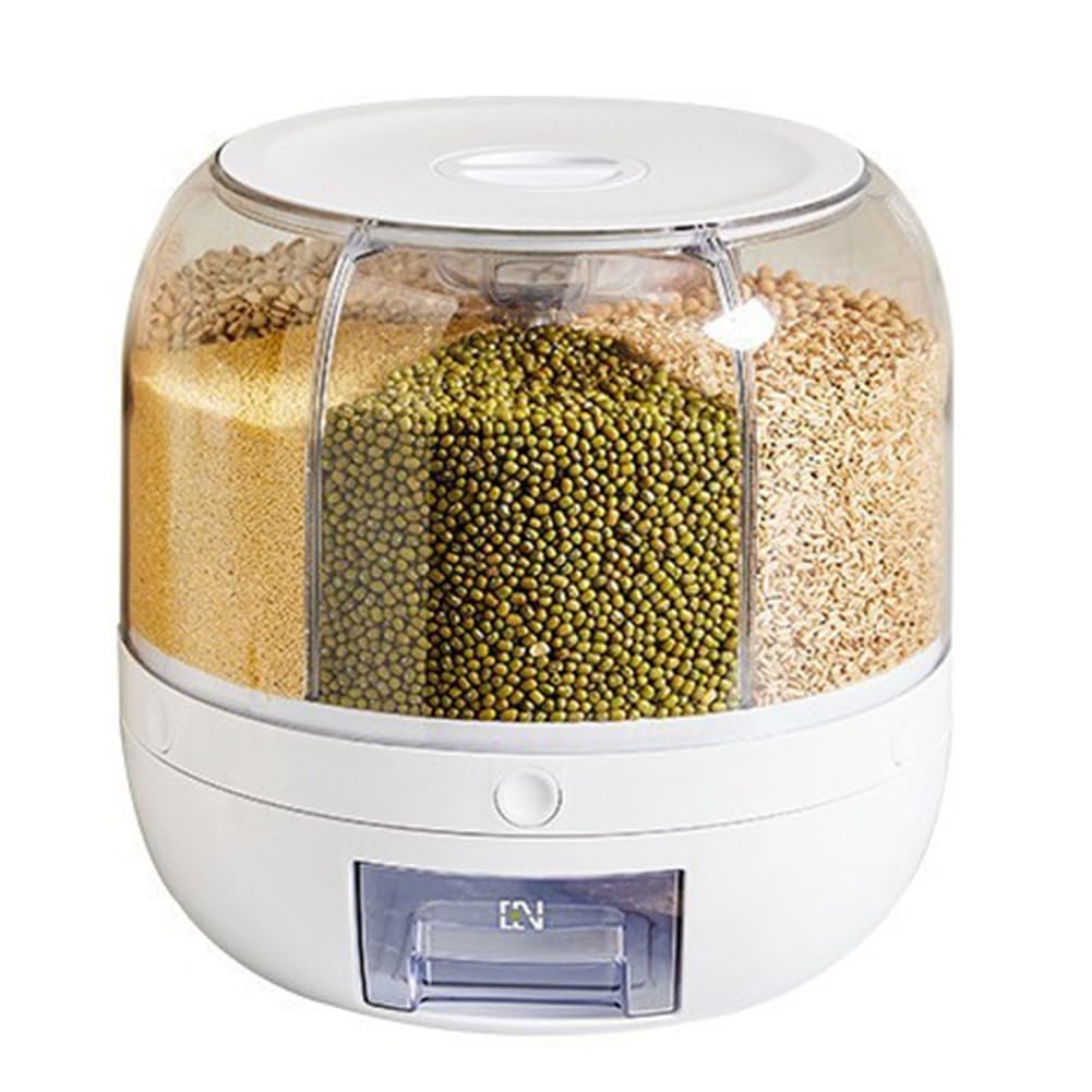 Begchy - 6 Compartment Storage Container, Grain Organiser and Countertop, Round, 360 Degree Rotating Food Dispenser