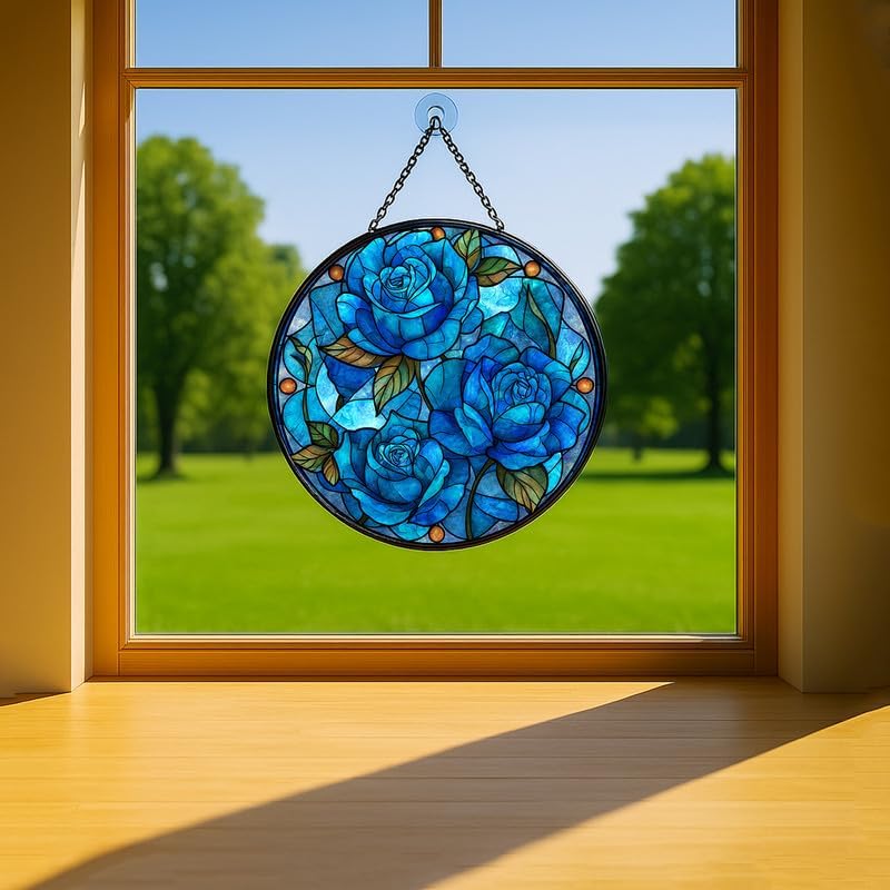 Blue Roses Stained Glass Window Hanging - Sun Catchers Indoor Window Stained Glass Panels Wall Decor for Mom，Wife，Lovers 11.8in