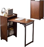 OXBZKMY Bamboo Folding Desk with Storage Shelves - Space-Saving Mid-Century Modern Hideaway Table for Home Office Bedroom