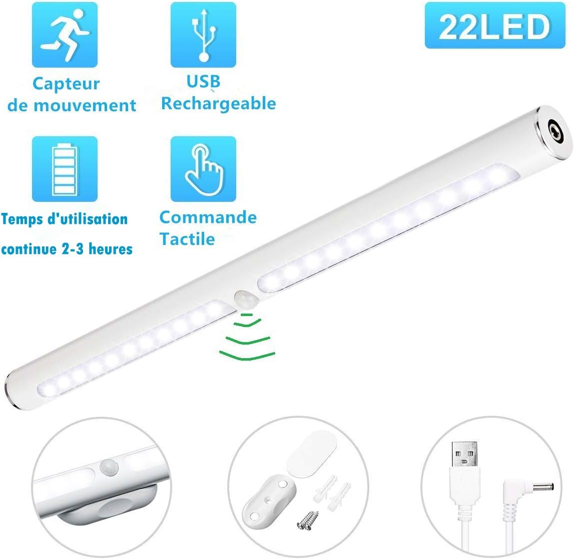 Led Wardrobe Lights Motion Sensor Closet Light,USB Circular Body,Built-in Rechargeable Battery,On/Off/Auto Modes,White Light