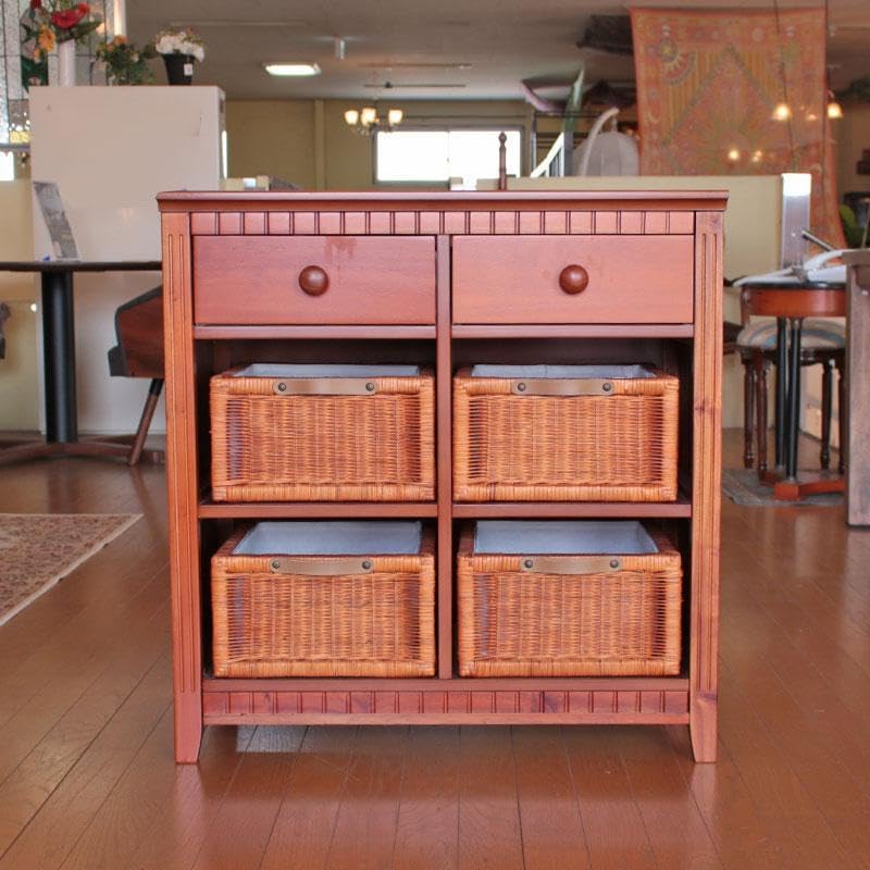 黒アイアン ラタンラック×8引出し バスケット棚 キャスター付 昭和