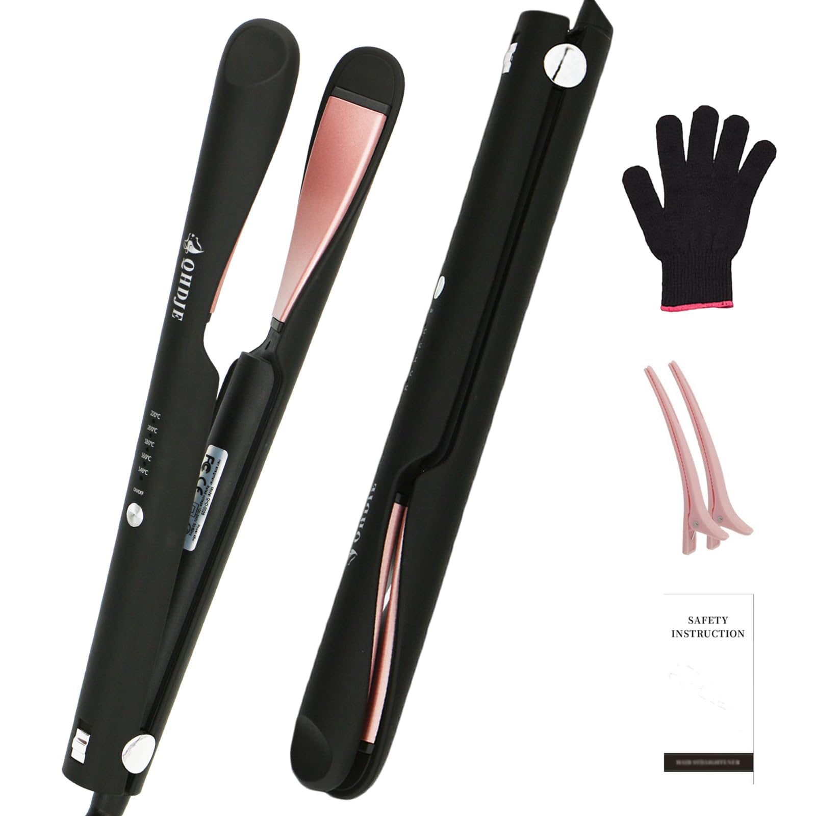 QHDJE Curler and Straightener 2 in 1 - Twist Straightening Curling Iron, Ceramic Coating & 15s Fast Heat, Dual Voltage for Traveling, Glove Include