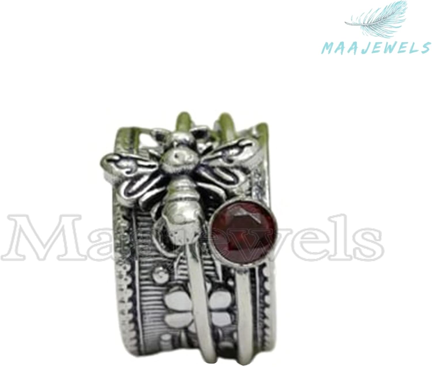 Honey Bee Spinner Band Ring for Women, Handmade 925 Sterling Silver Boho Gemstone Fidget Ring, Meditation Worry Spin Band, Beautiful Gift for Her