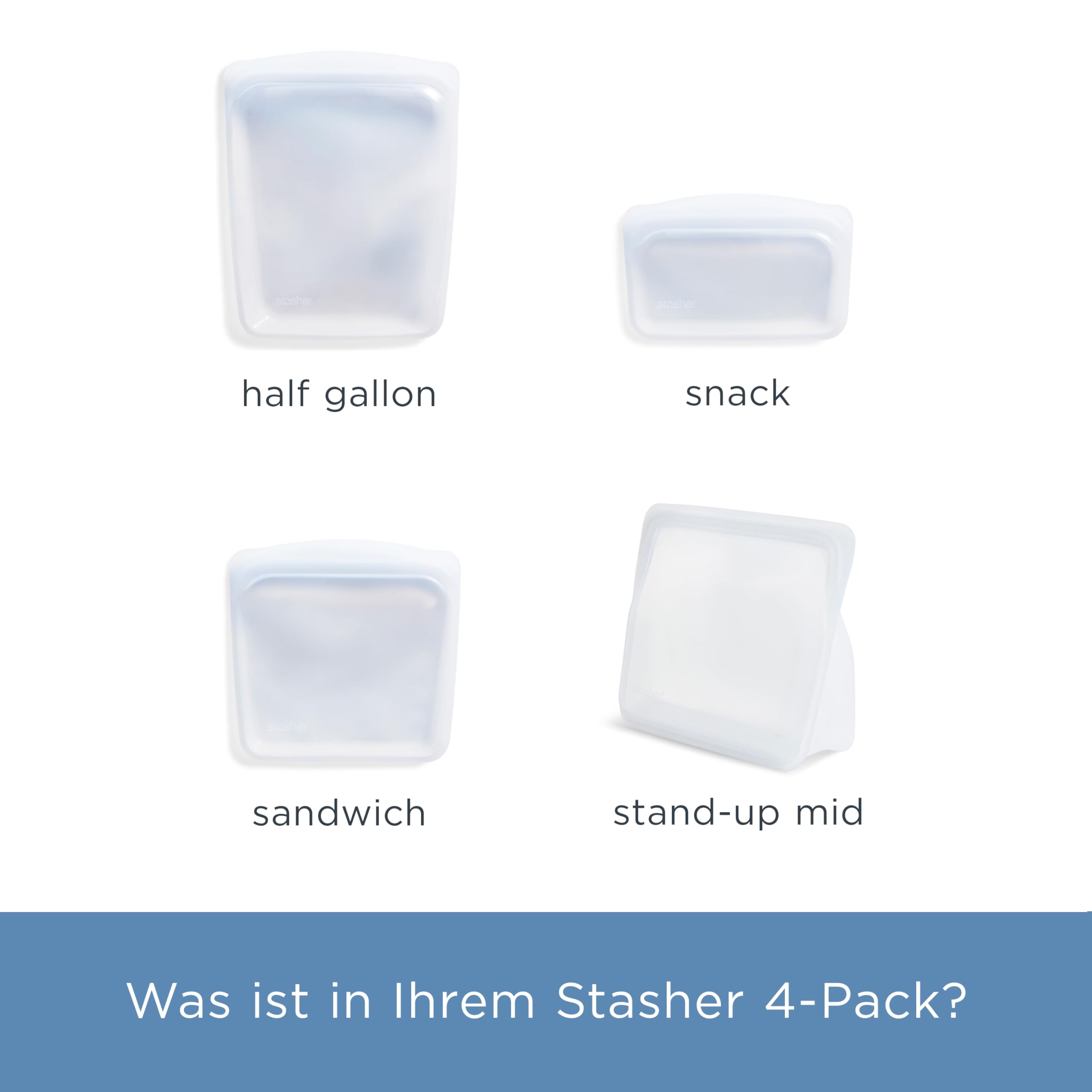 Stasher Bag Premium Silikonbeutel wiederverwendbar für Lebensmittel, Lot de 4, Klar, Dauerhaft, Backofen, spülmaschinen & Gefrierfest, Umweltfreundlich, Für Essenszubereitung, Mehrzweckbehälter