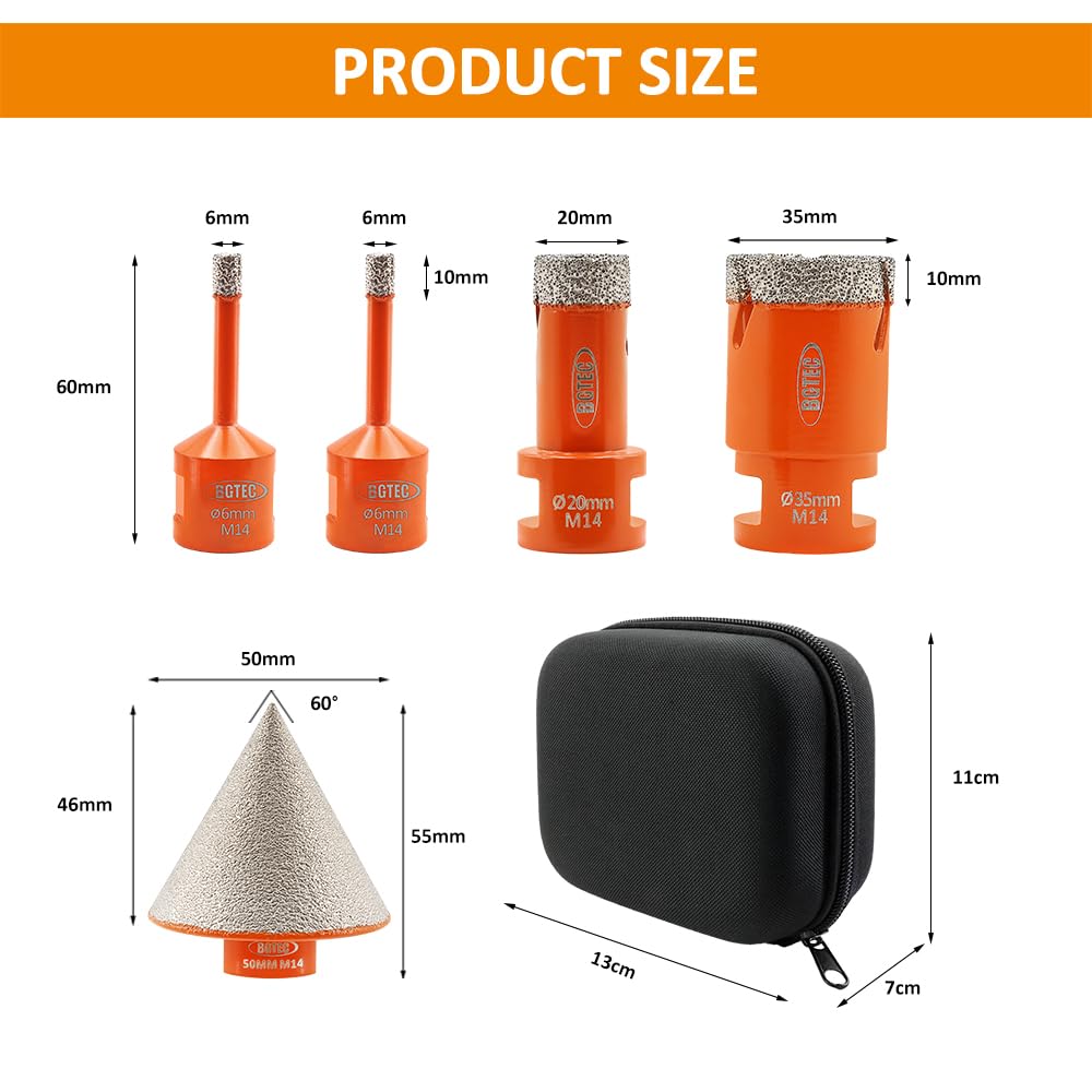 BGTEC Set di Punte Diamantate per Piastrelle – 5 pezzi (6/6/20/35mm + Broca de Chaflán 50mm) per foratura di Porcellana, Ceramica, Piastrelle, Granito, Marmo e Pietra