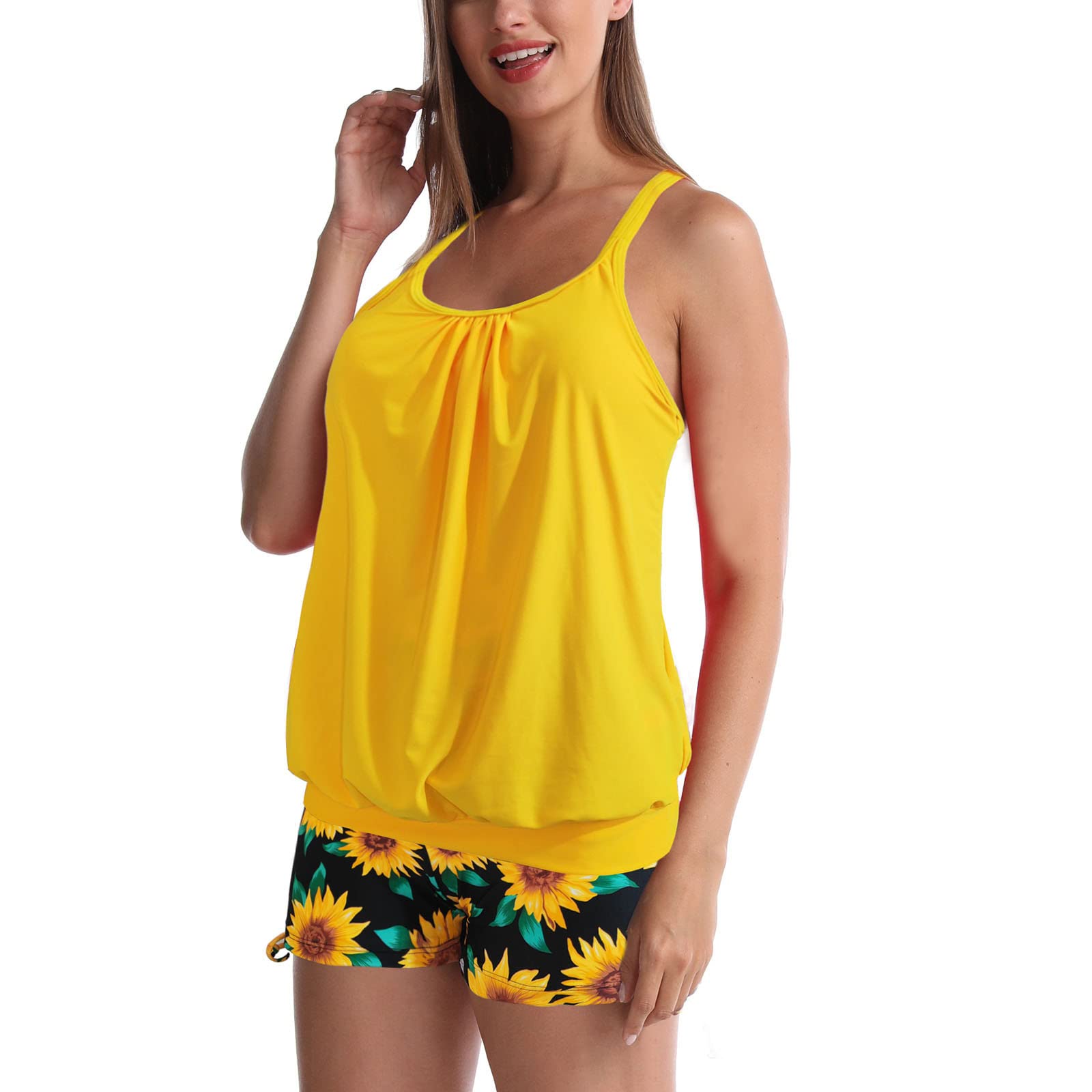 Swimming Suits for Women Blouson Tankini Swimsuits for Women Modest Push Up Top with Sporty Boy Shorts 2 Piece Bathing Suit Loose Fit Swimwear Yellow Plus Size Swim Suit 2X