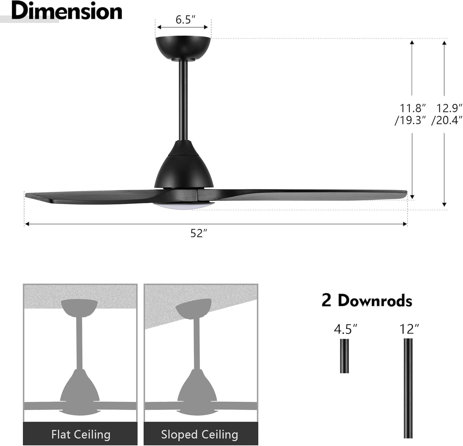Dimensions of LEDLUX 52 inch Ceiling Fan