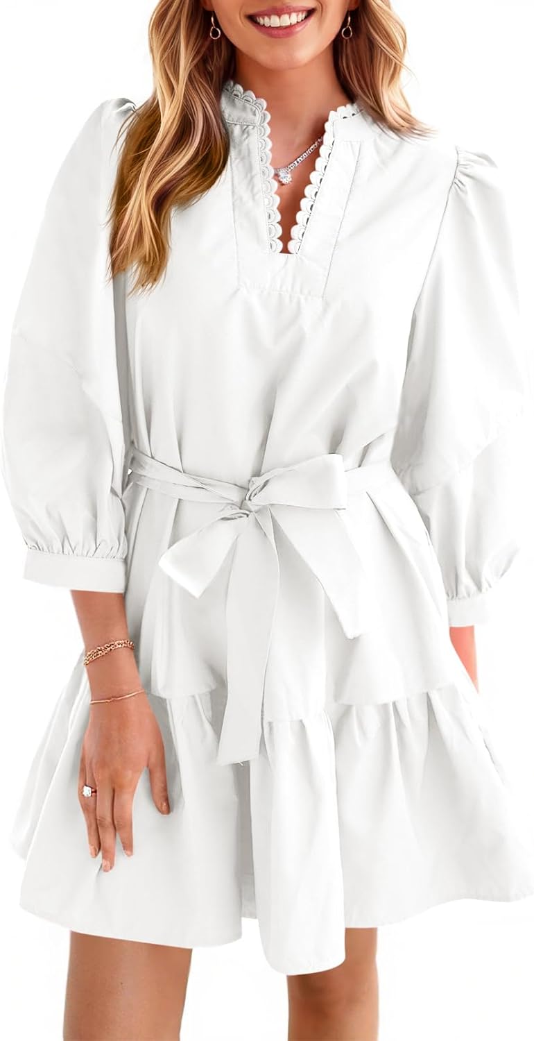 Cicy Bell Womens Puff 3/4 Sleeve Mini Dresses Bow Tie Waist V Neck Casual Trendy Ruffle Tiered Short Dress