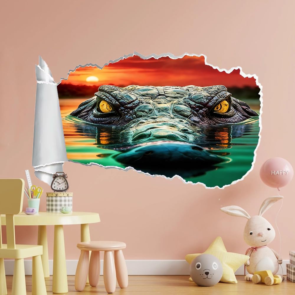 3D Wanddurchbruch Wandtattoo Krokodil Mädchen Wandaufkleber Sonnenuntergangsblick Junge Wandsticker Wanddeko Wandbild für Wohnzimmer Schlafzimmer Flur Kühlschrank 70x112cm