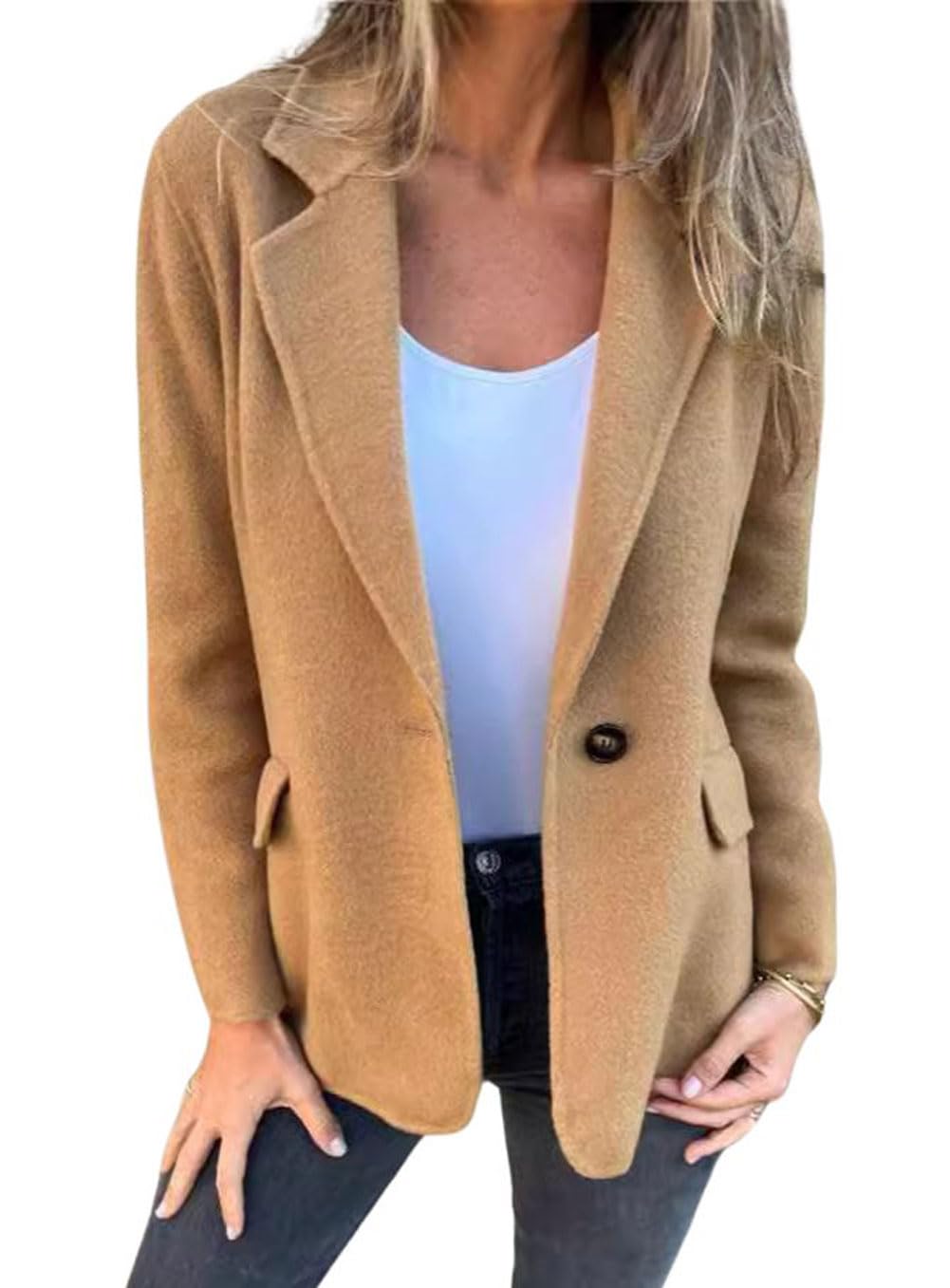 CHARTOU Women Solid Color Blazer Wool Blend Causal Business Office Open Front Short Jacket Pea Coat