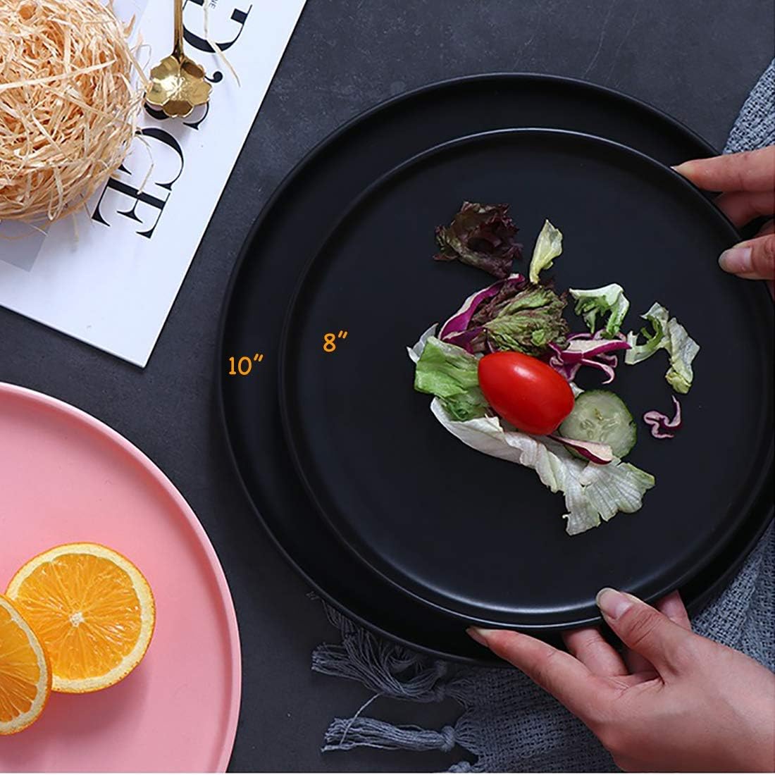 BonNoces Matte Black Porcelain Dinner Plate Set, 8-Inch Modern Round Reusable Lunch & Dessert Plates, 6 Count
