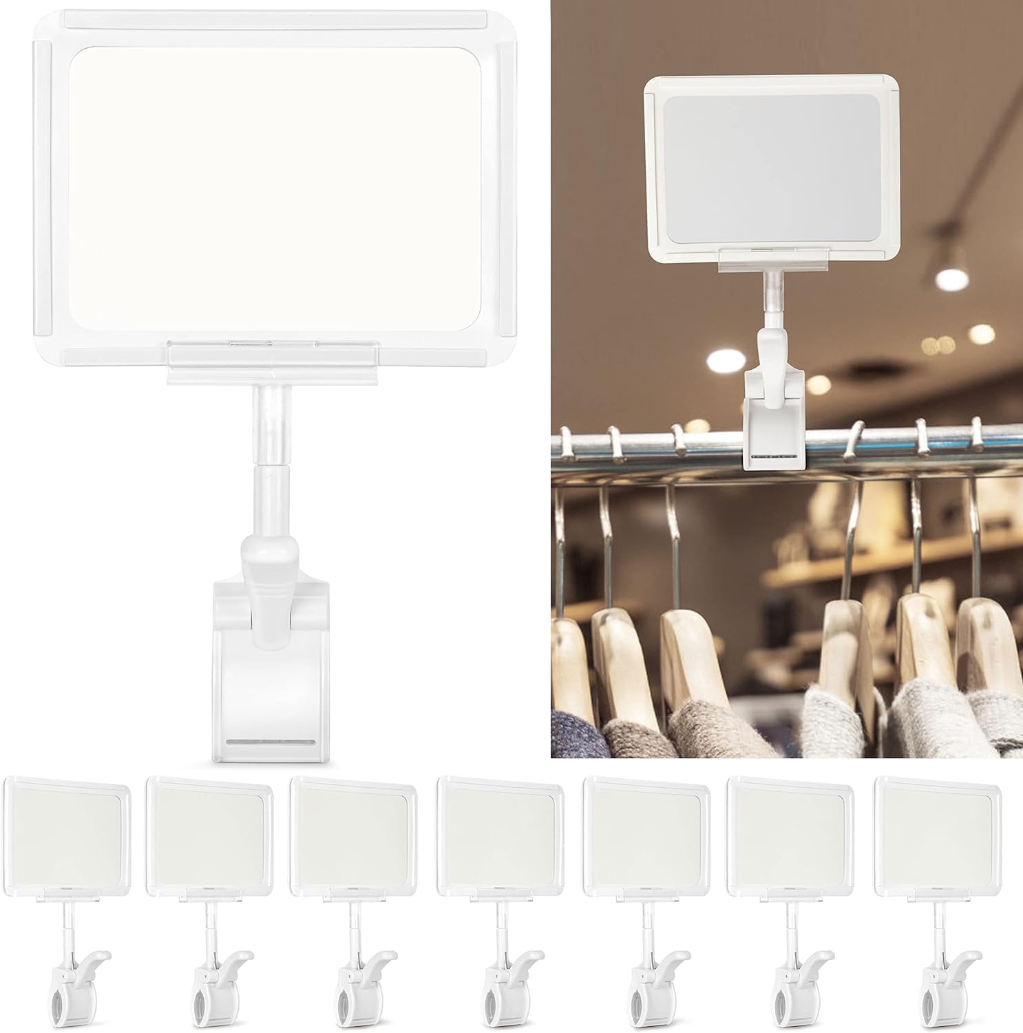 Label Clips, 7 Pieces Clip on Sign Holder, Plastic Rotatable Pop Label Clips Merchandise Sign Display Clip, Sign Holding Clamp with Card Protector for Note, Card, Price Tag, Store, Supermarket, Office