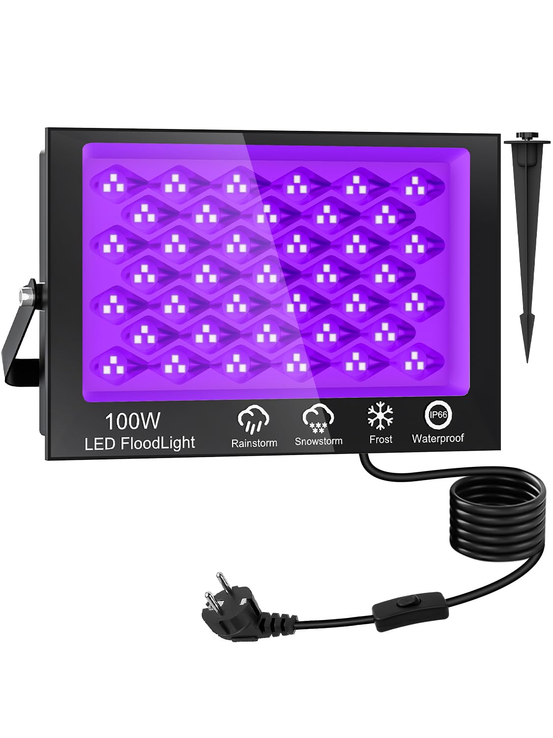 Luce Nera UV 100W,390-400nm Potente Faretto UV LED con Interruttore,Faro Ultravioletta con 1.5M Spina,IP66 Impermeabile Faro UV,Lampada UV per Festa Glow Fluorescente Halloween Party
