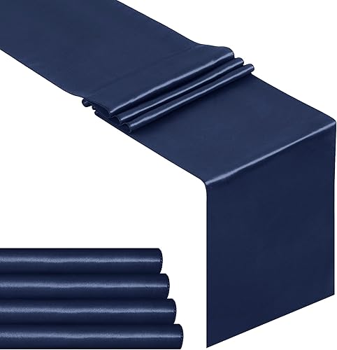 Paquete de 12 caminos de mesa de satén de 12 x 108 pulgadas de largo, color azul marino, camino de mesa de seda satinada para boda, cumpleaños,
