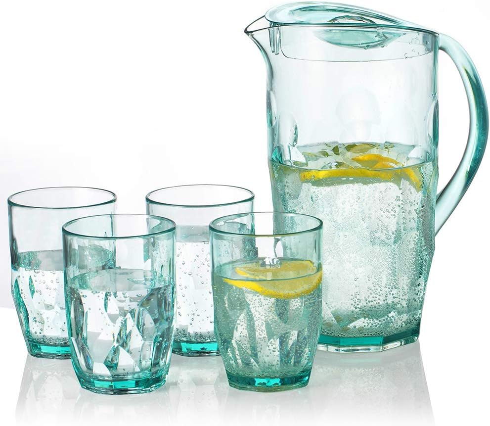 Pitcher Sets with 4 Cups, 2.1L Light-duty Shatterproof Iced Tea Pitcher BPA-free Water Pitcher with Lid for Fruit Juice Tea for Home Camping Picnics Party, Transparent Green
