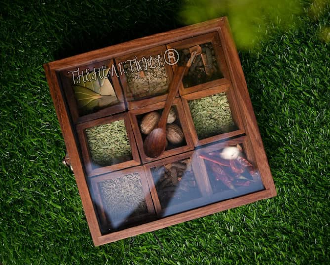 THEHEARTWILL® Masala Box For Kitchen with 2 Spoon Wooden Masala Box