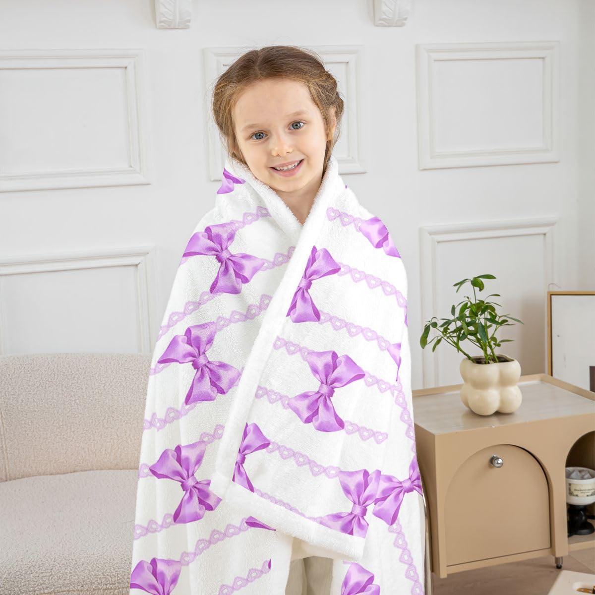 Homewish Kokarda dziewczęca kawaii fioletowy koc szerpa księżniczka kokardka marzycielski puszysty pluszowy narzuta koronka w paski polarowy koc - wstążka śliczna dekoracja na łóżko kanapę