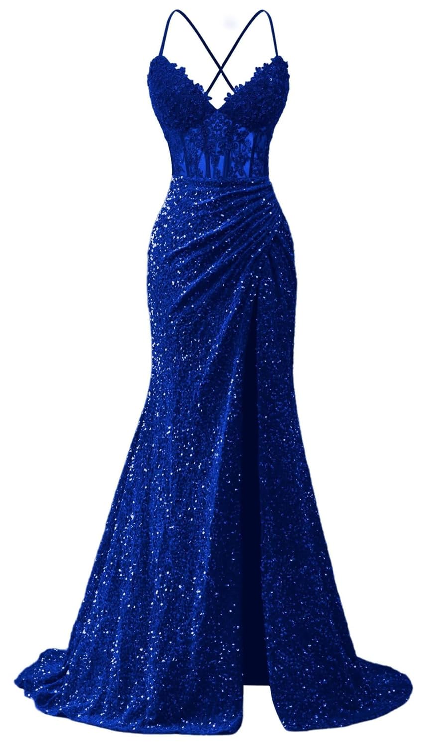 Kurface Women's Royal Blue Spaghetti Strap Sequin Prom Dresses For Teens With Lace Applique Mermaid Formal Party Dress Long Ball Gown Uk8