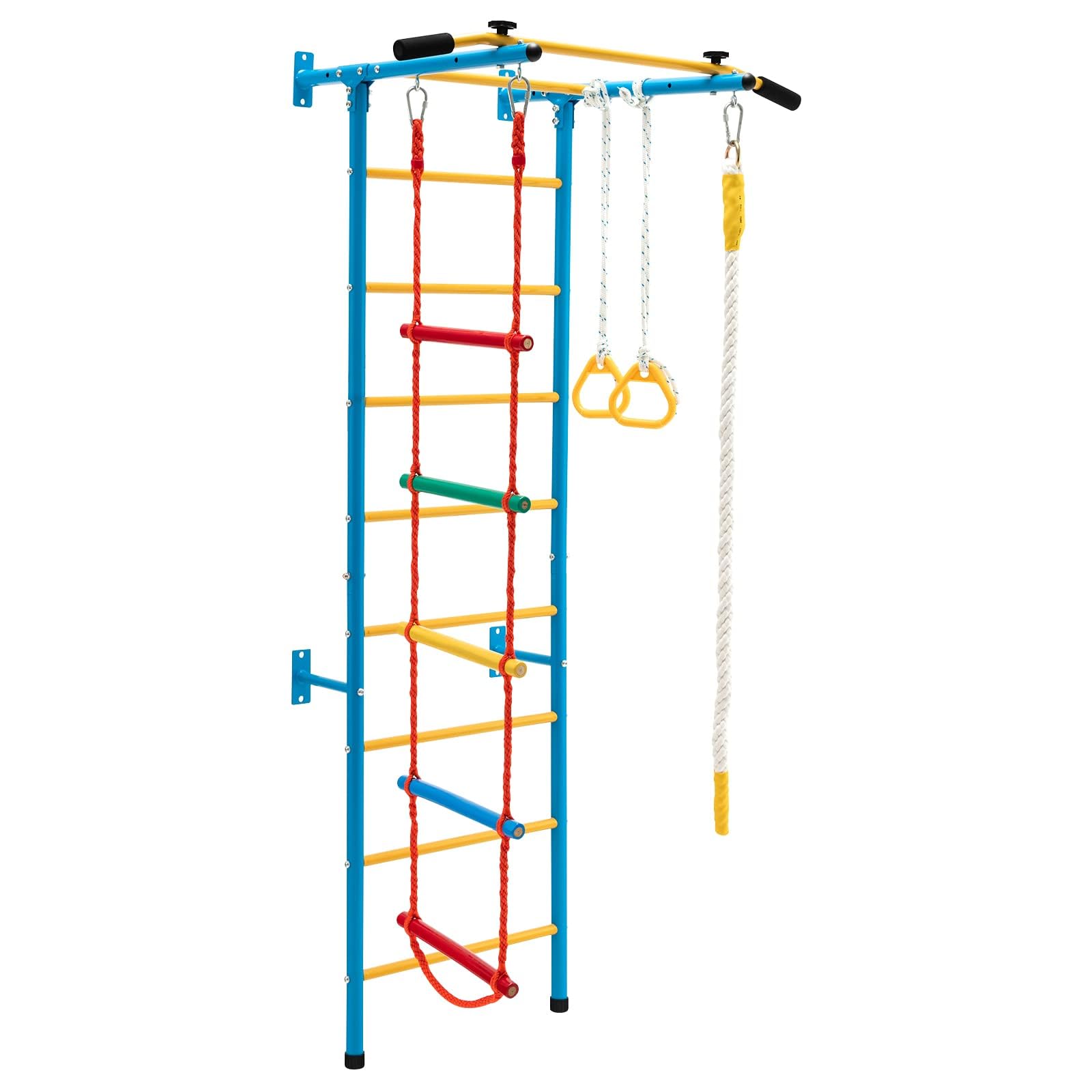 COSTWAY Échelle Murale Suédoise avec Barre de Traction & Échelle de Corde, Espalier Mural pour Enfants en Acier au Carbone avec Anneaux Gymnastique, Jeux d'escalade d'intérieur pour 3 Ans+