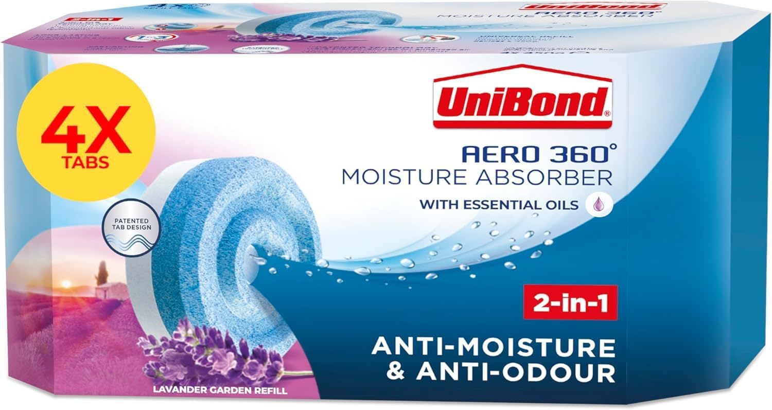 UniBond AERO 360° Moisture Absorber Lavender Refill Tab, aromatherapy, ultra-absorbent and odour-neutralising, for AERO 360° Dehumidifier, Condensation Absorbers, 4 Pack (4 x 450g)