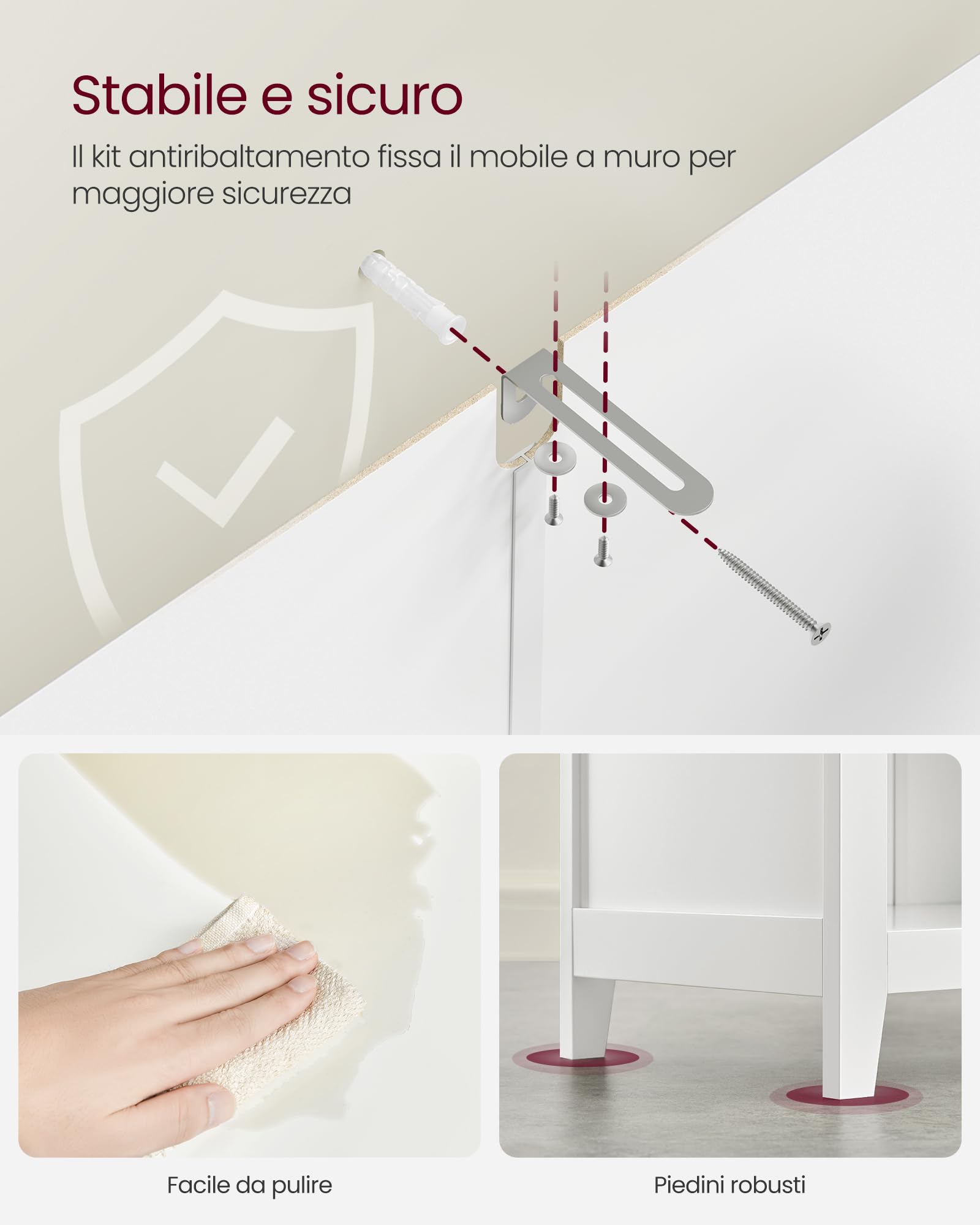 VASAGLE Mobile da Bagno, Mobiletto da Bagno, 2 Cassetti con 1 Set di Divisori Regolabili, 2 Cestini, Credenza, 30 x 60 x 80 cm, Bianco Nuvola BBC545W02