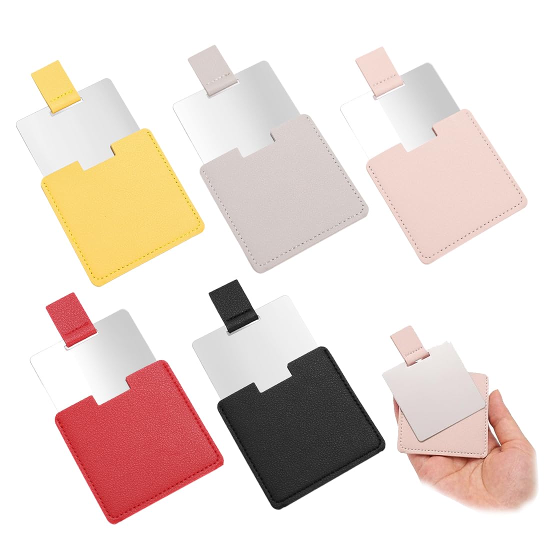 5 Pezzi Specchio Portatile In Acciaio Inossidabile Lucido, Con Custodia Protettiva In Pelle Pu, Ultra Sottile E Resistente 9,5 X 6,3 Cm, Unisex