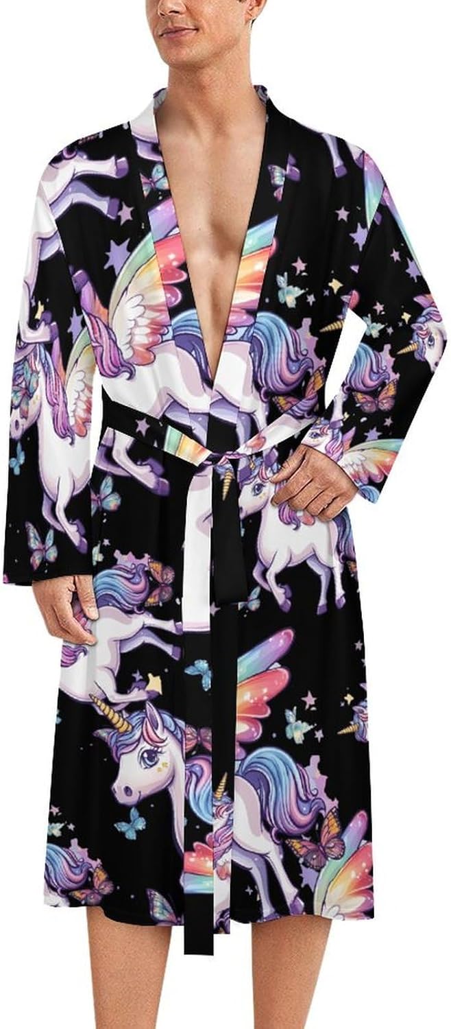 Colorful Un-icorns Butterfly Men's Robe Soft Bathrobe V Neck Loungewear Sleepwear Nightgown Dressing Gown