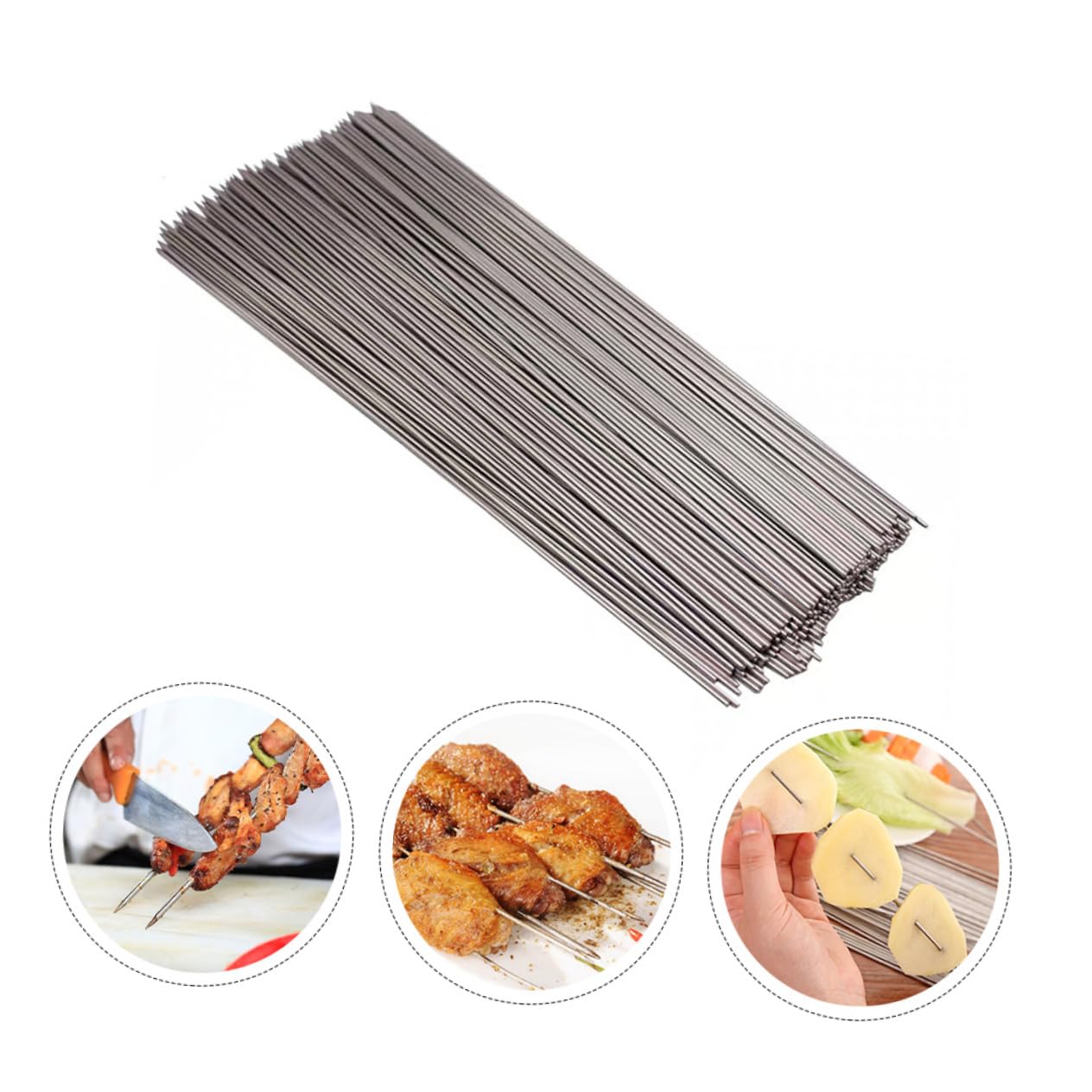 Brochetas de Acero Inoxidable 100 Piezas 304 para Barbacoa | Color Plata, Uso en Kebabs y Comida, para Parrilla Doméstica y Exterior, Formato Reutilizable