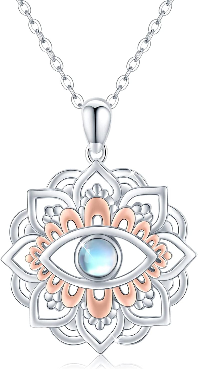 ZIPPICELotus Flower Necklace/Bracelet for Women 925 Sterling Silver Flower Yoga Pendant Rainbow Moonstone Necklace Buddha Lotus Jewellery for Girls Firends Yoga Lovers